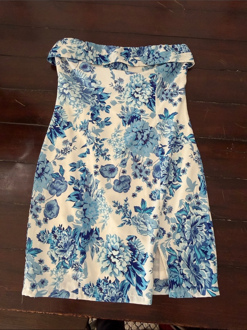 Strapless Floral Dress in White and Blue